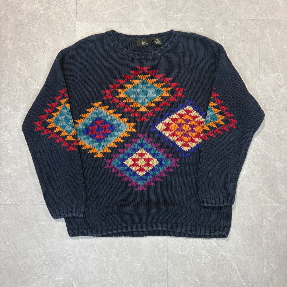 Vintage Pasta Navy Blue Geometric Diamond Knit Sweater Ramie Cotton Blend Medium